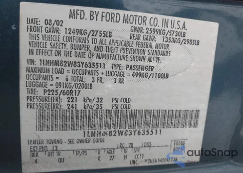 2003 Lincoln Town Car Signature z USA, uszkodzony, nr VIN 1LNHM82W83Y635511